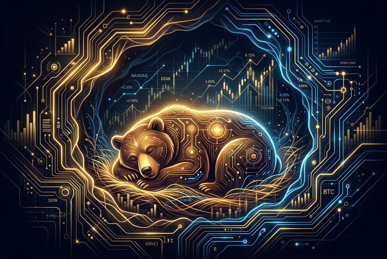 Illustration conceptuelle d&rsquo;un ours endormi représentant la stratégie d&rsquo;hibernation en marché baissier